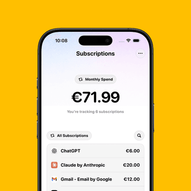 SubscriptionCat home screen displaying all tracked subscriptions stored locally on device