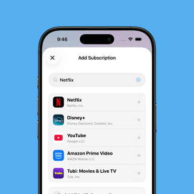SubscriptionCat add subscription screen showing fields for name, price, and renewal date