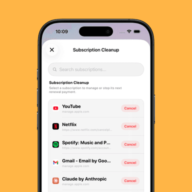 SubscriptionCat screen listing forgotten subscriptions with a direct cancel link for each service