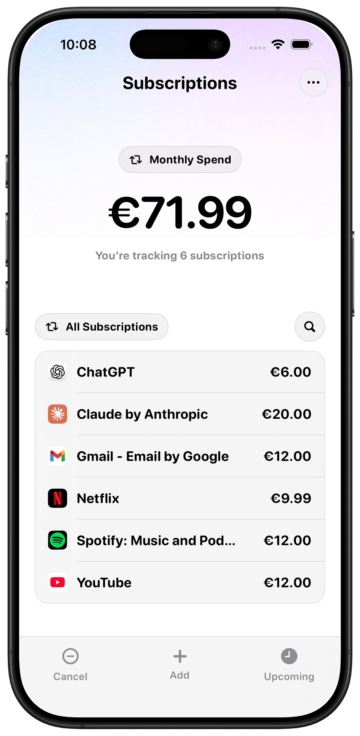 SubscriptionCat iPhone app mockup showing a dashboard of tracked subscriptions with renewal dates and monthly spending total